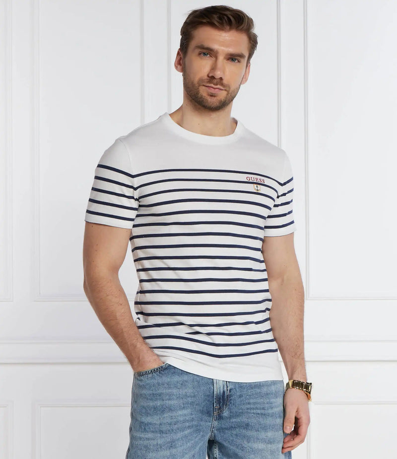 Guess Men’s Short Sleeve CN YD Striped T-Shirt White/Navy Northern