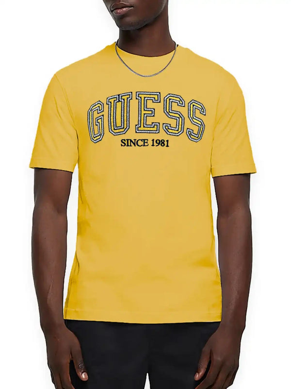 Guess Mens SS CN College Logo T-Shirt Mango Seed Yellow Northern