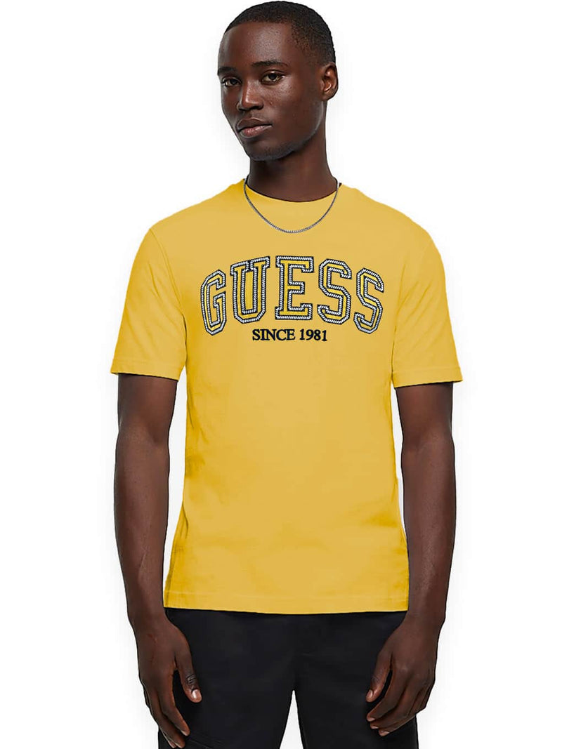 Guess Mens SS CN College Logo T-Shirt Mango Seed Yellow Northern