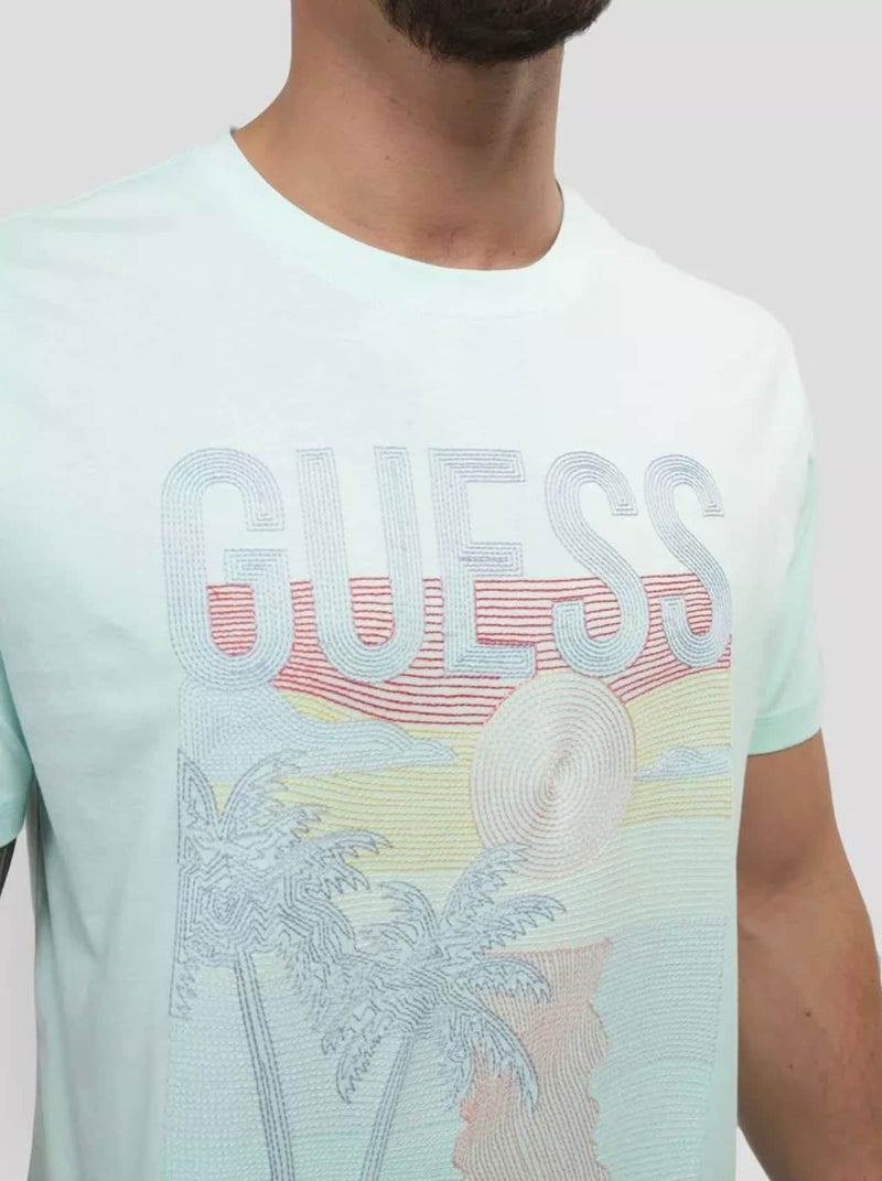 Guess Mens SS CN Palm Embroidered T - Shirt Soft Aqua Northern