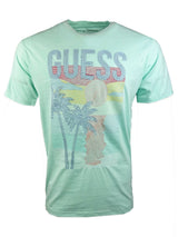 Guess Mens SS CN Palm Embroidered T - Shirt Soft Aqua Northern