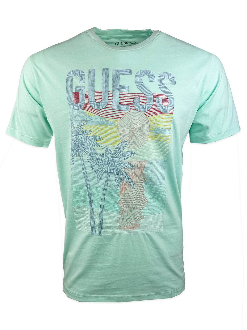 Guess Mens SS CN Palm Embroidered T - Shirt Soft Aqua Northern