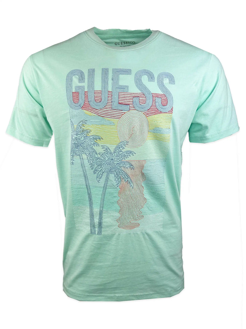 Guess Mens SS CN Palm Embroidered T - Shirt Soft Aqua Northern