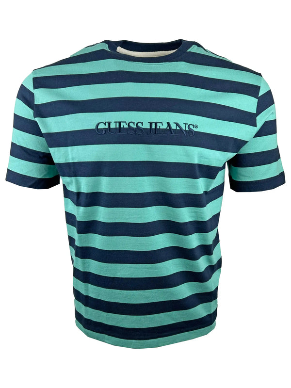 Guess Mens SS Crew Neck Striped T-Shirt Green/Navy Northern Ireland