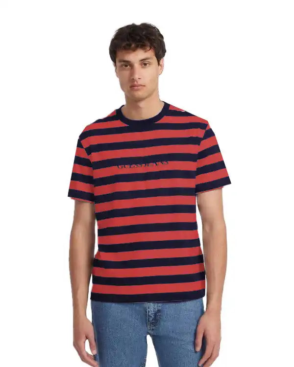 GUESS Mens Striped Logo T-Shirt Navy/Red Northern Ireland Belfast