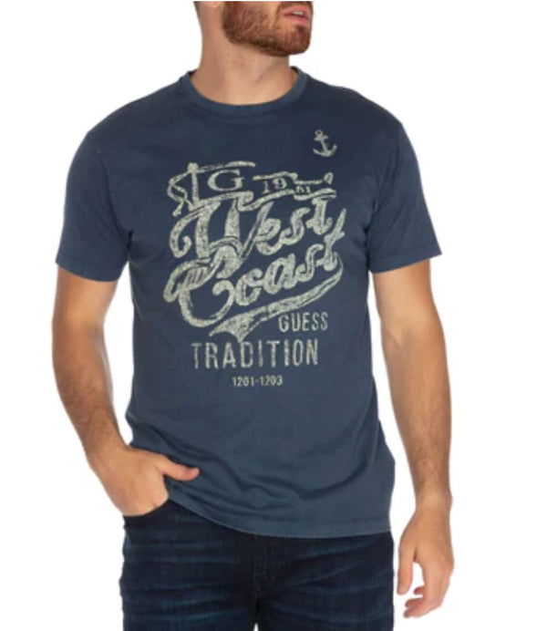 Guess Men’s West Coast Treated T - Shirt Mohave Stone Blue Northern