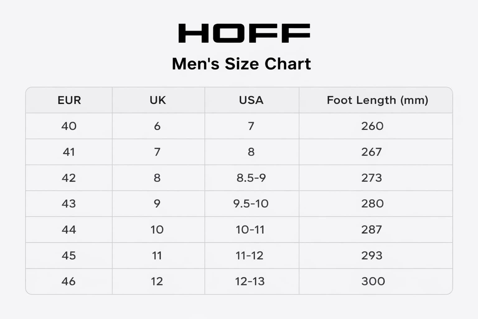HOFF size chart