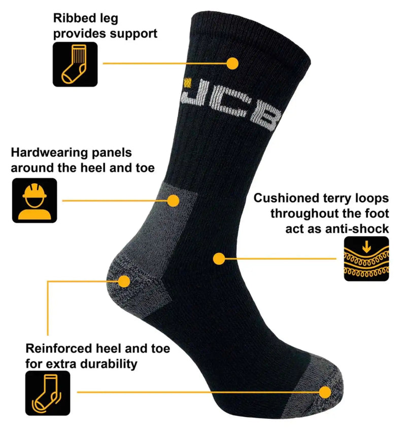 JCB Work Socks Mens 3 Pack Black - Socks