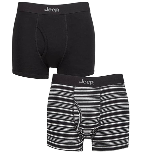 Jeep Plain and Striped Cotton Keyhole Opening Boxer Trunks 2 Pack - Black