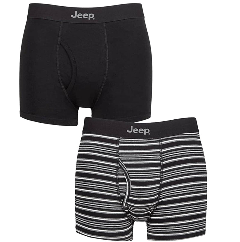Jeep Plain and Striped Cotton Keyhole Opening Boxer Trunks 2 Pack - Black