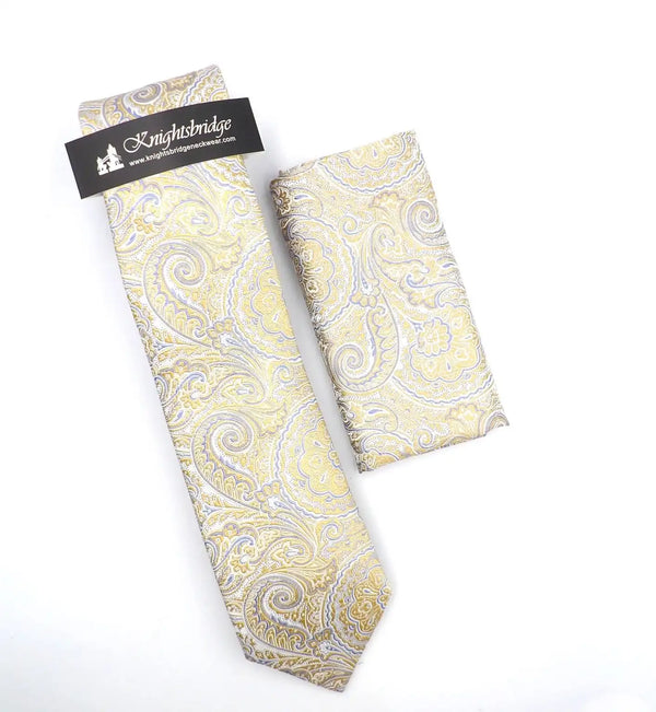 Knightbridge Tie & Pocket Square Set Beige/Blue Paisley Northern