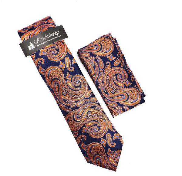 Knightbridge Tie & Pocket Square Set Orange/Navy Paisley Northern