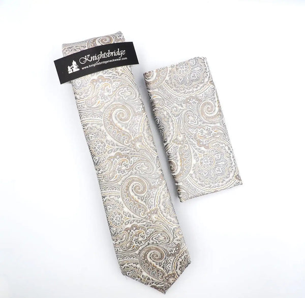 Knightbridge Tie & Pocket Square Set Silver/Beige Paisley Northern