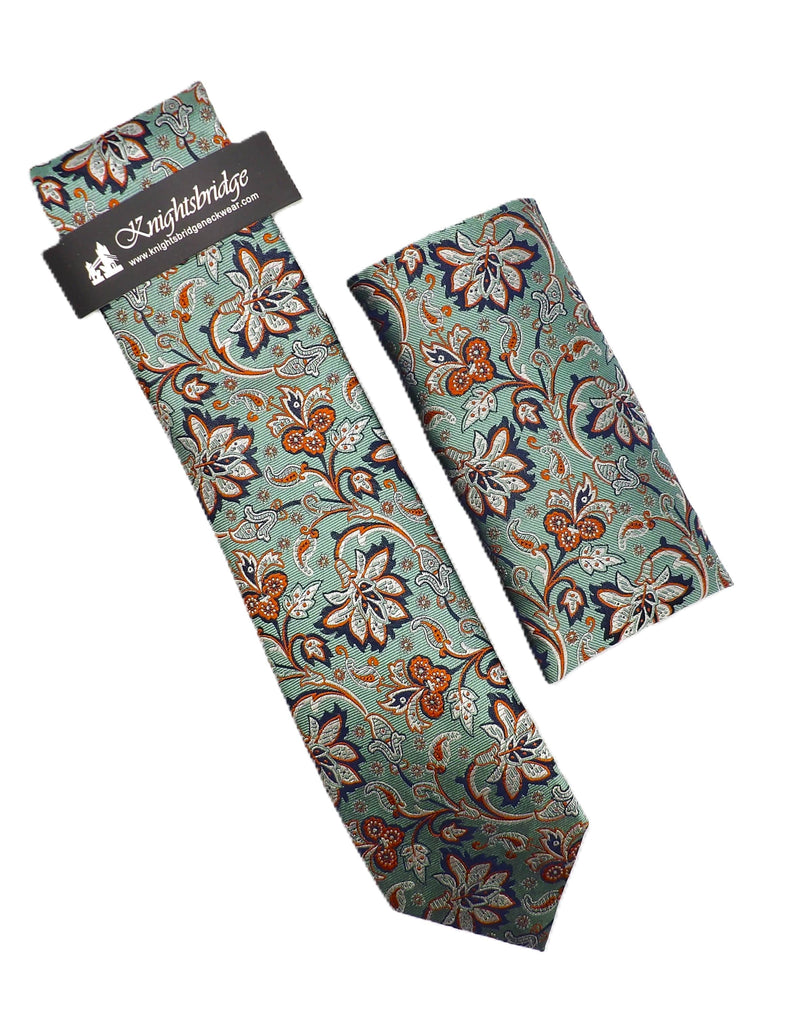 Knightsbridge Tie & Pocket Square Set Sage Green/Orange Northern