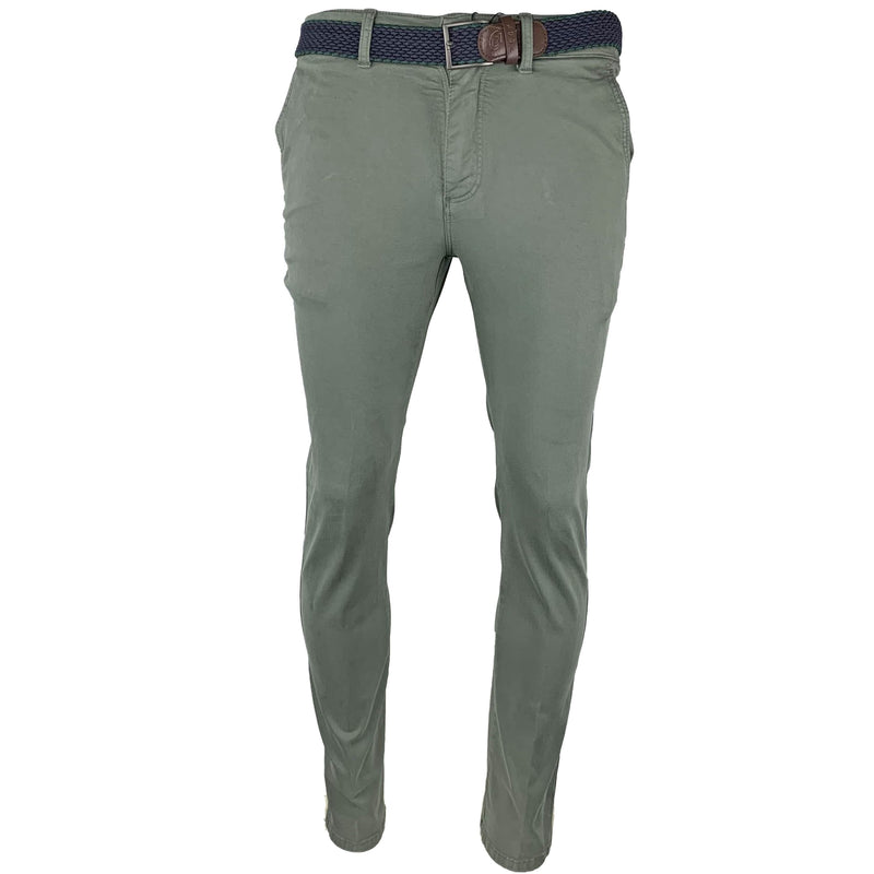 LCDN Bruno Stretch Mens Chino Trousers With Belt Olive Green
