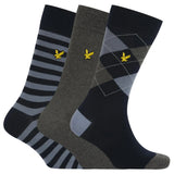 Lyle & Scott Mens 3 Pack Socks Barwood Argyle Dark Grey Marl Stripe