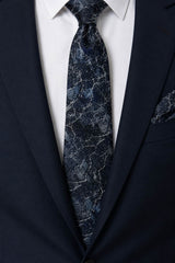 Remus Uomo Men’s Abstract Tie & Pocket Square Set Navy & Silver