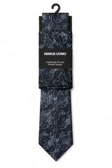 Remus Uomo Men’s Abstract Tie & Pocket Square Set Navy & Silver