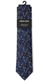 Remus Uomo Men’s Floral Tie & Pocket Square Set Navy & Brown Northern
