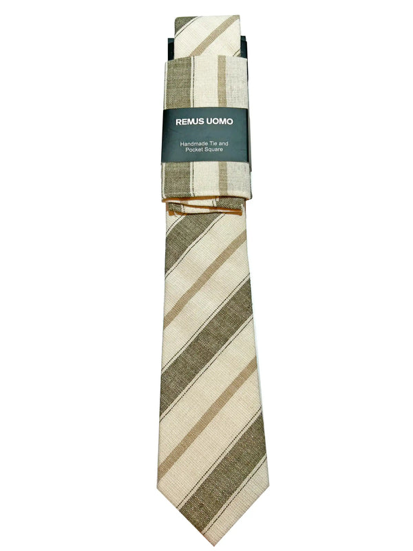 Remus Uomo Mens Tie & Pocket Square Set Linen Green & Beige Northern