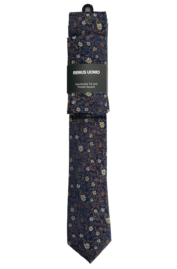 Remus Uomo Silk Tie & Pocket Square Set Navy/Brown Northern Ireland