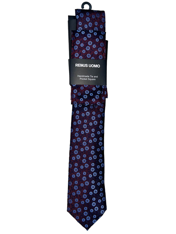 Remus Uomo Tie & Pocket Square Set Dark Red/Blue Northern Ireland