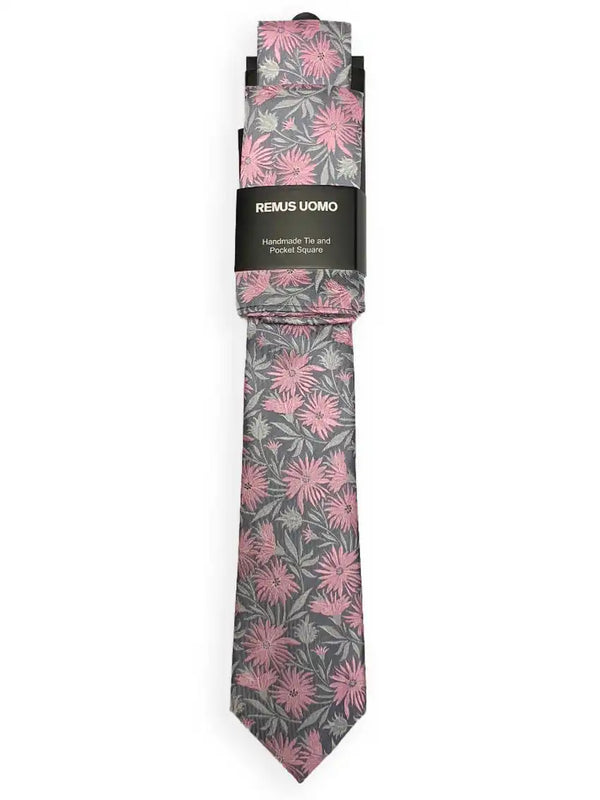 Remus Uomo Tie & Pocket Square Set Grey/Pink Ballynahinch Northern