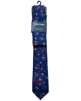 Remus Uomo Tie & Pocket Square Set Light Navy/Red Floral Northern