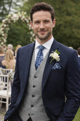 Remus Uomo Tie & Pocket Square Set Navy/Silver Floral Northern