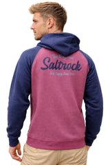 Saltrock Mens Postcard Script Raglan Pop Hoodie in Dark Pink/Blue
