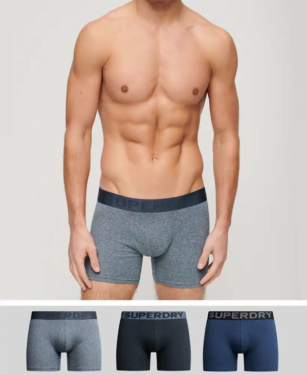 Superdry Mens Boxers 3 Pack Underwear Navy Grit/dark Indigo Marl
