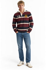 Superdry Mens Double Emblem Stripe Rugby Top Port/Navy Stripe