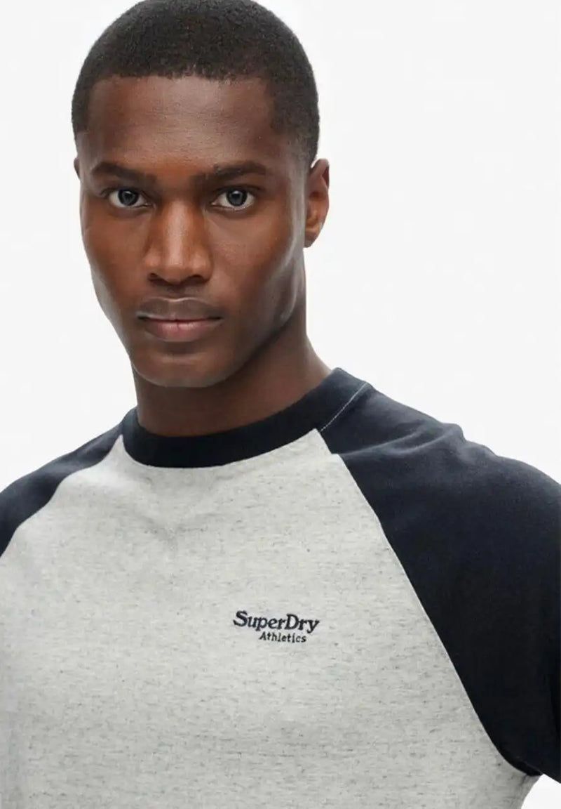 Superdry Mens Essential Logo Baseball LS T-Shirt Grey Fleck/Navy