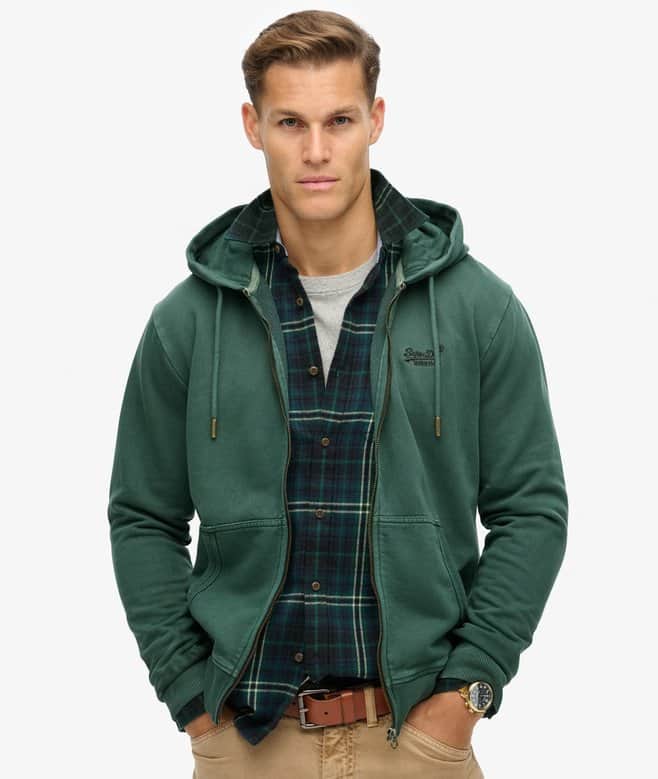 Superdry Mens Essential Logo Washed Zip Hoodie Forest Green Northern