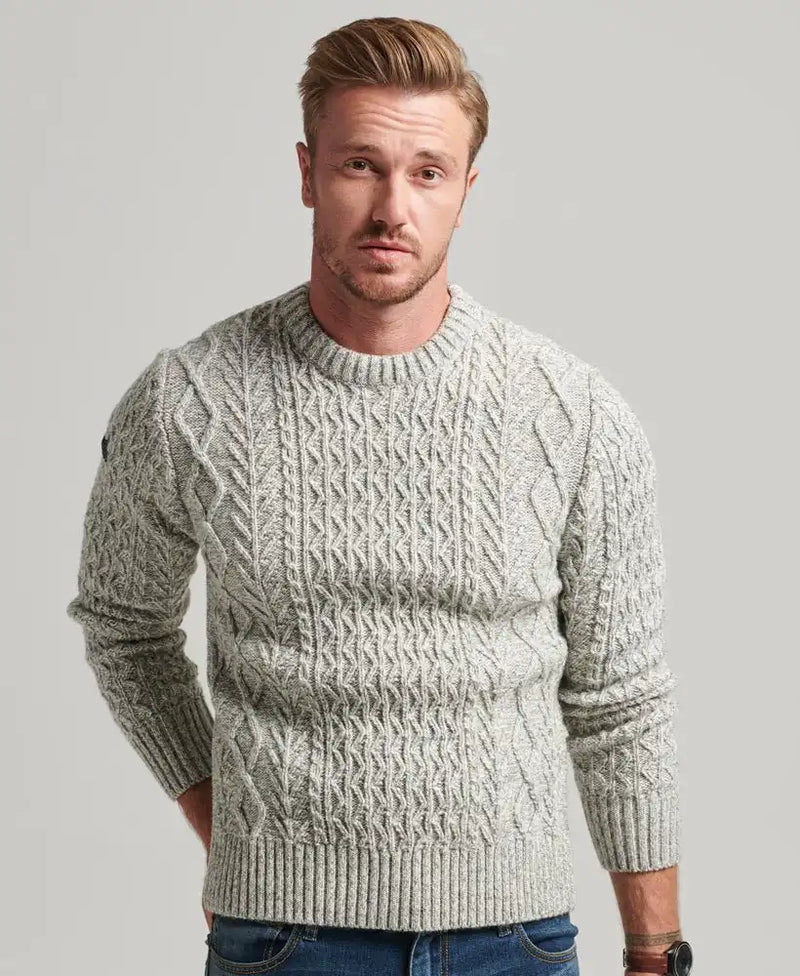 Superdry Mens Jacob Cable Knit Crew Neck Jumper Concrete Twist