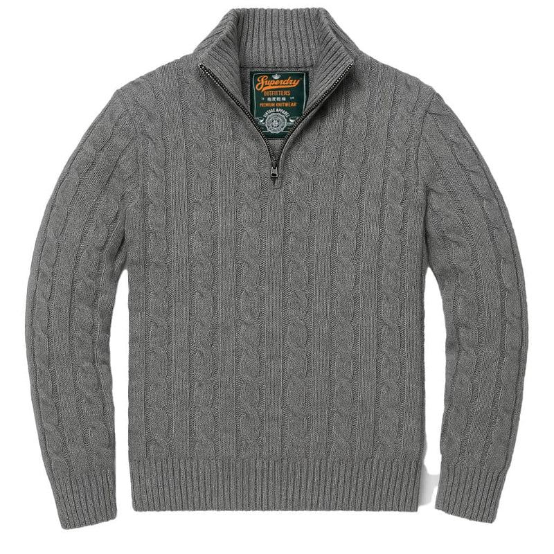 Superdry Mens Jacob Cable Knit Half Zip Jumper Mid Grey Northern