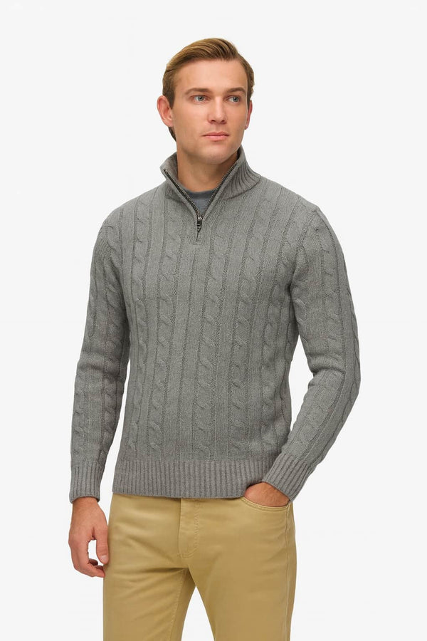 Superdry Mens Jacob Cable Knit Half Zip Jumper Mid Grey Northern