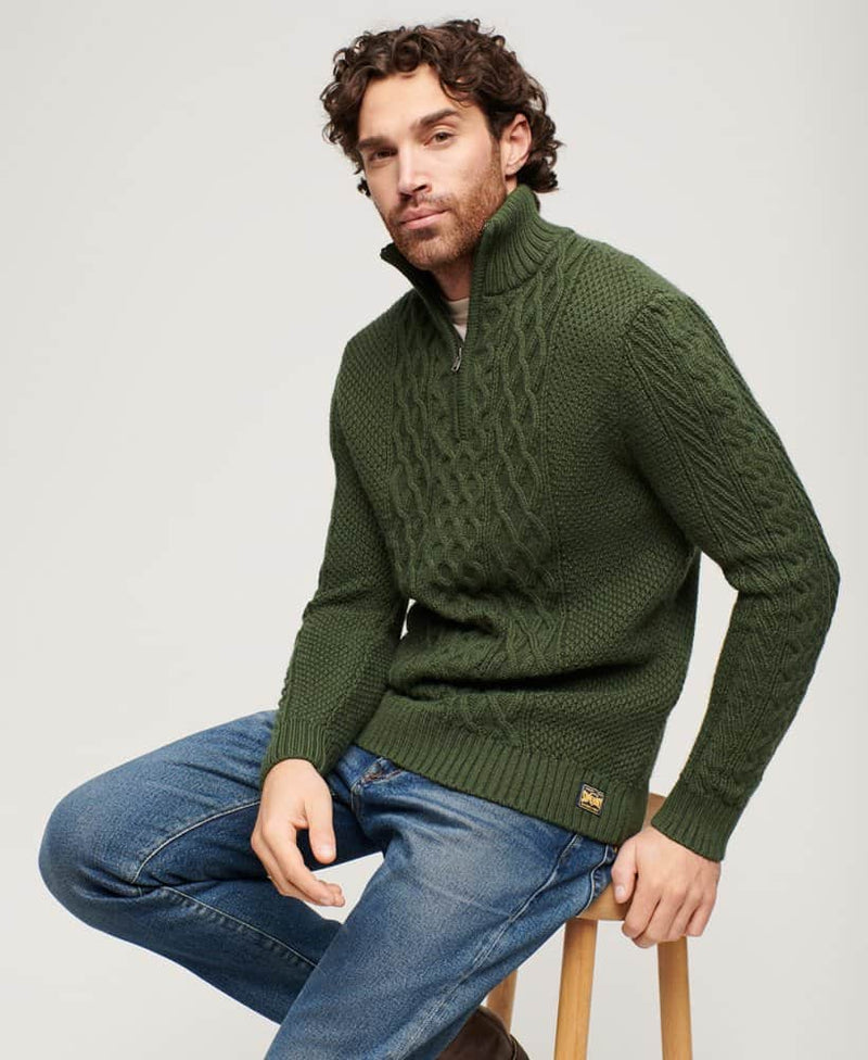 Superdry Mens Jacob Cable Knit Half Zip Sweater Duffle Bag Green