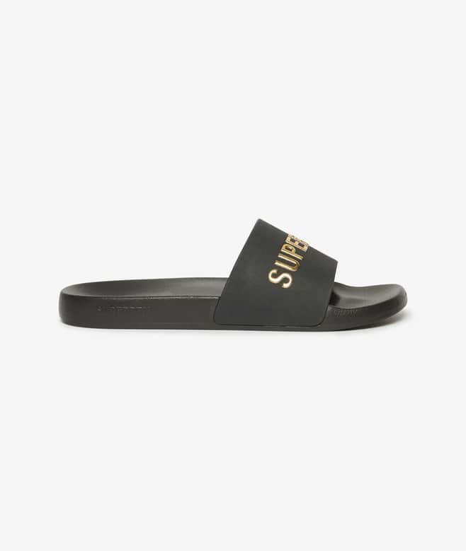 Superdry Mens Logo Pool Slides Black/Metallic Gold Northern Ireland