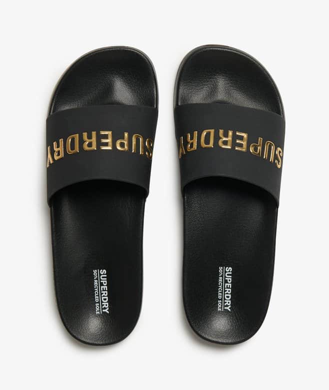 Superdry Mens Logo Pool Slides Black/Metallic Gold Northern Ireland
