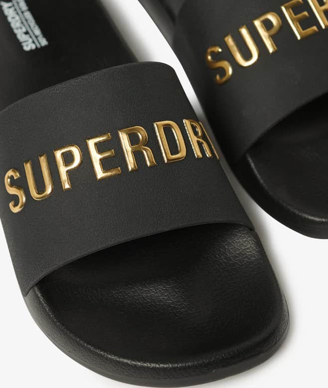 Superdry Mens Logo Pool Slides Black/Metallic Gold Northern Ireland