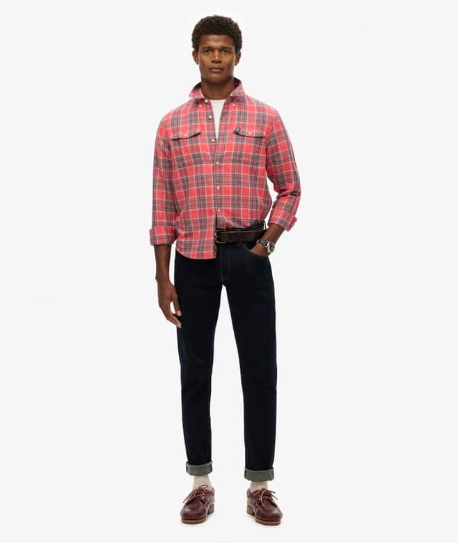 Superdry Mens Merchant Linen Check Shirt Red Check Northern Ireland