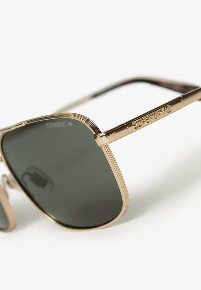 Superdry Mens Square Metal Aviator Sunglasses Light Gold/Green Lens