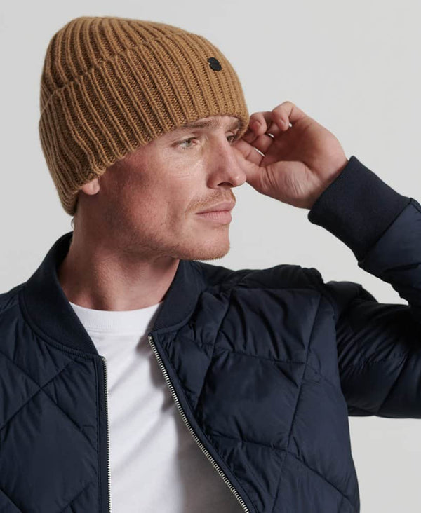 Superdry Mens Studios Premium Ribbed Beanie Hat Camel Ballynahinch