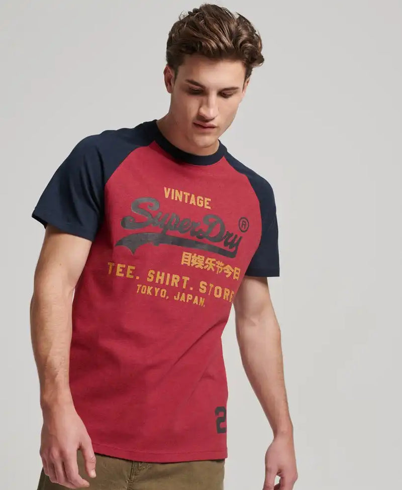 Superdry Mens Vintage Logo Heritage Raglan T-Shirt Hike Red/Eclipse