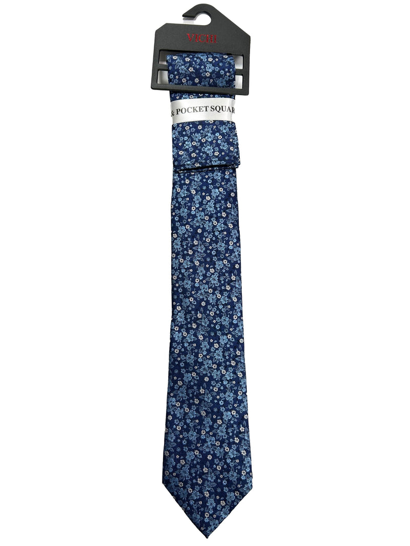 Vichi Tie & Pocket Square Set Navy/Light Blue Floral Northern Ireland