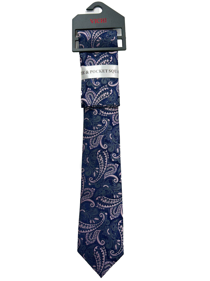Vichi Tie & Pocket Square Set Navy/Pink Paisley Northern Ireland
