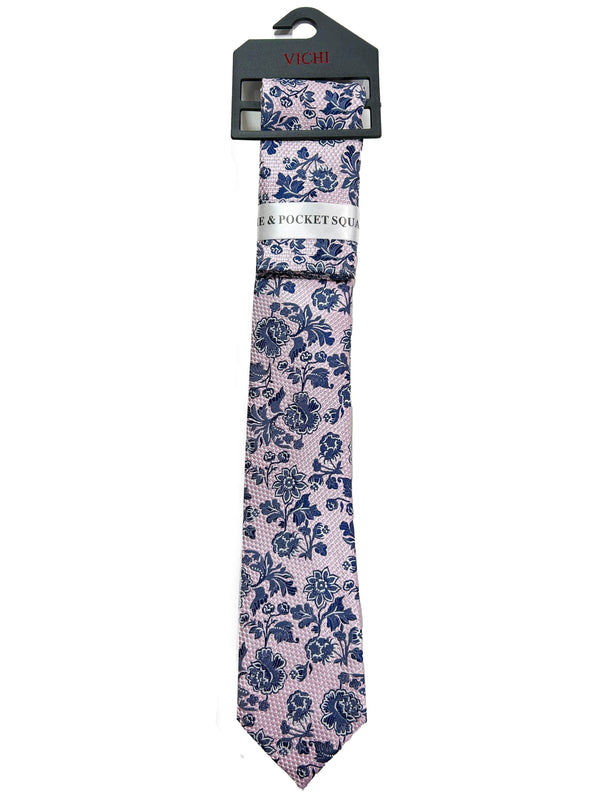 Vichi Tie & Pocket Square Set Pink/Navy Floral Northern Ireland
