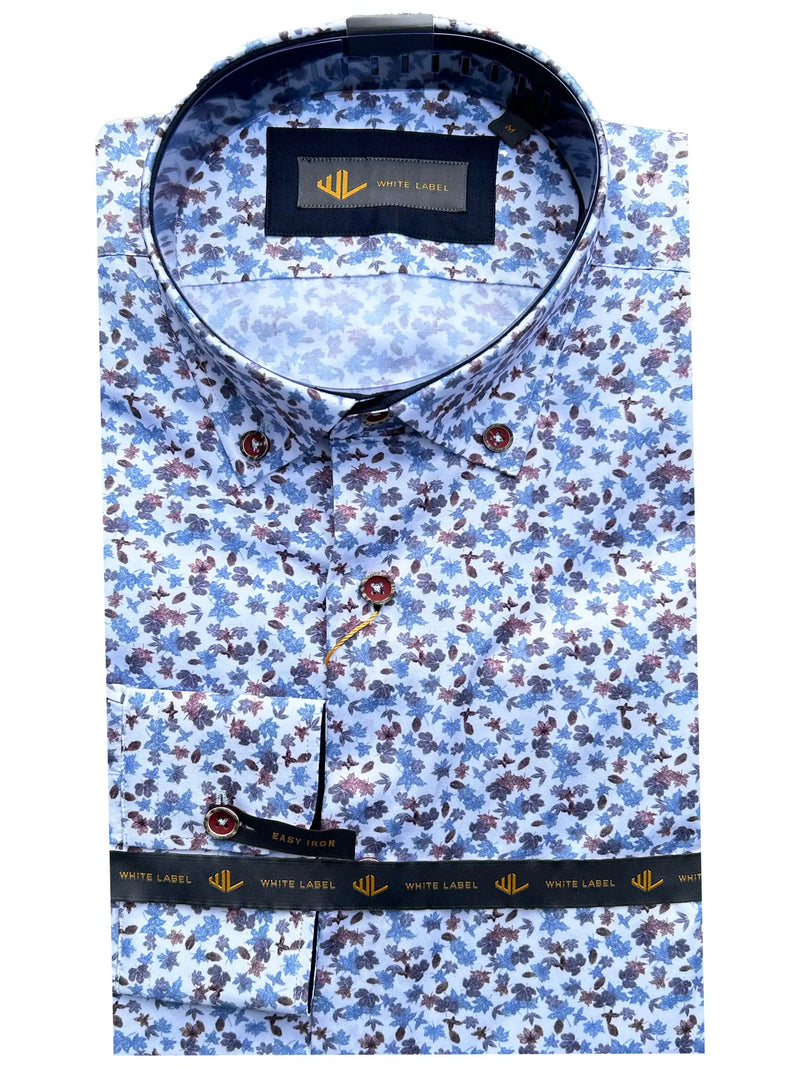 White Label Casual Shirt Navy Burgundy Autumn Leaf Print Northern