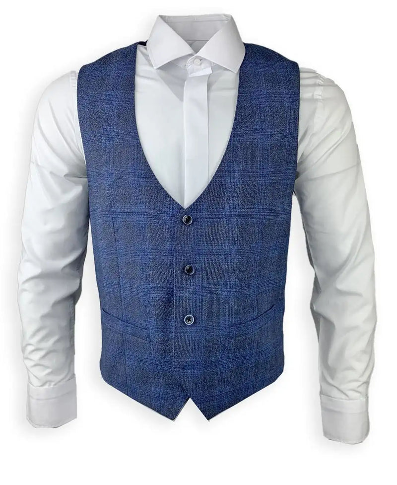 White Label Suit Tapered Fit Prince Of Wales Check 3 Piece Blue